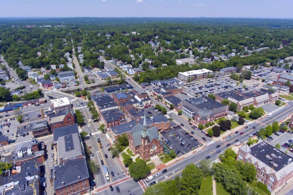 An aerial view of downtown Natick, Massachusetts (MA)
