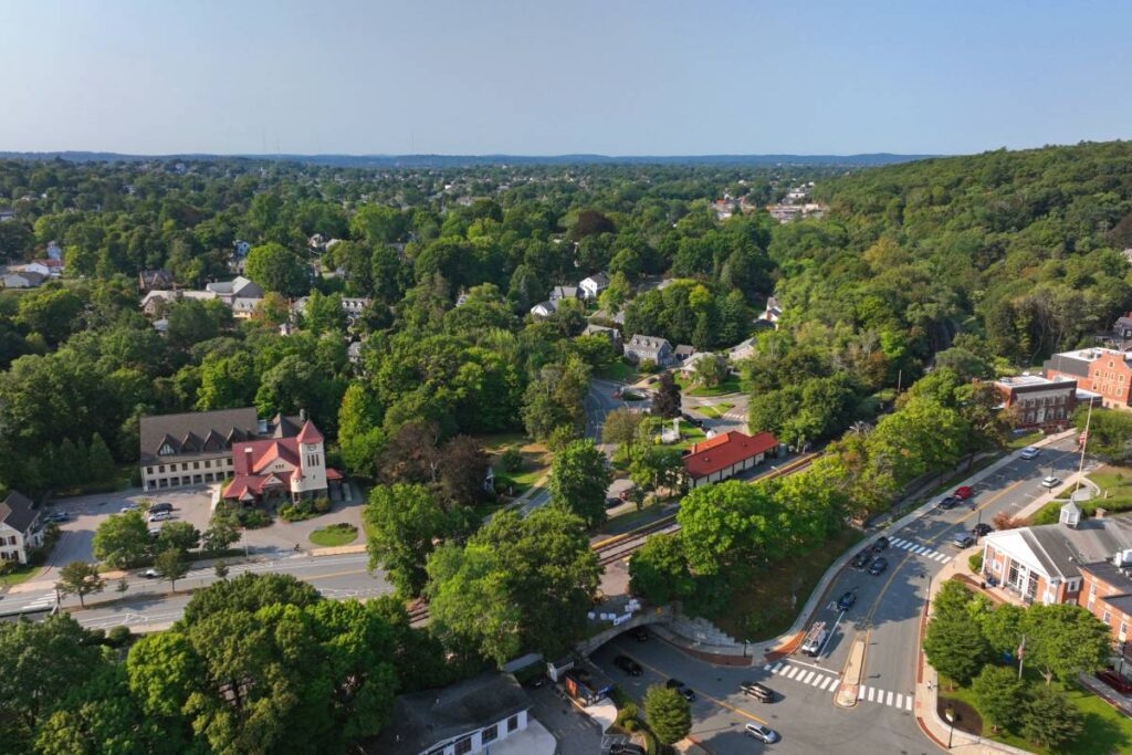 An aerial photograph of Belmont historical town center near Belmont, Massachusetts (MA)