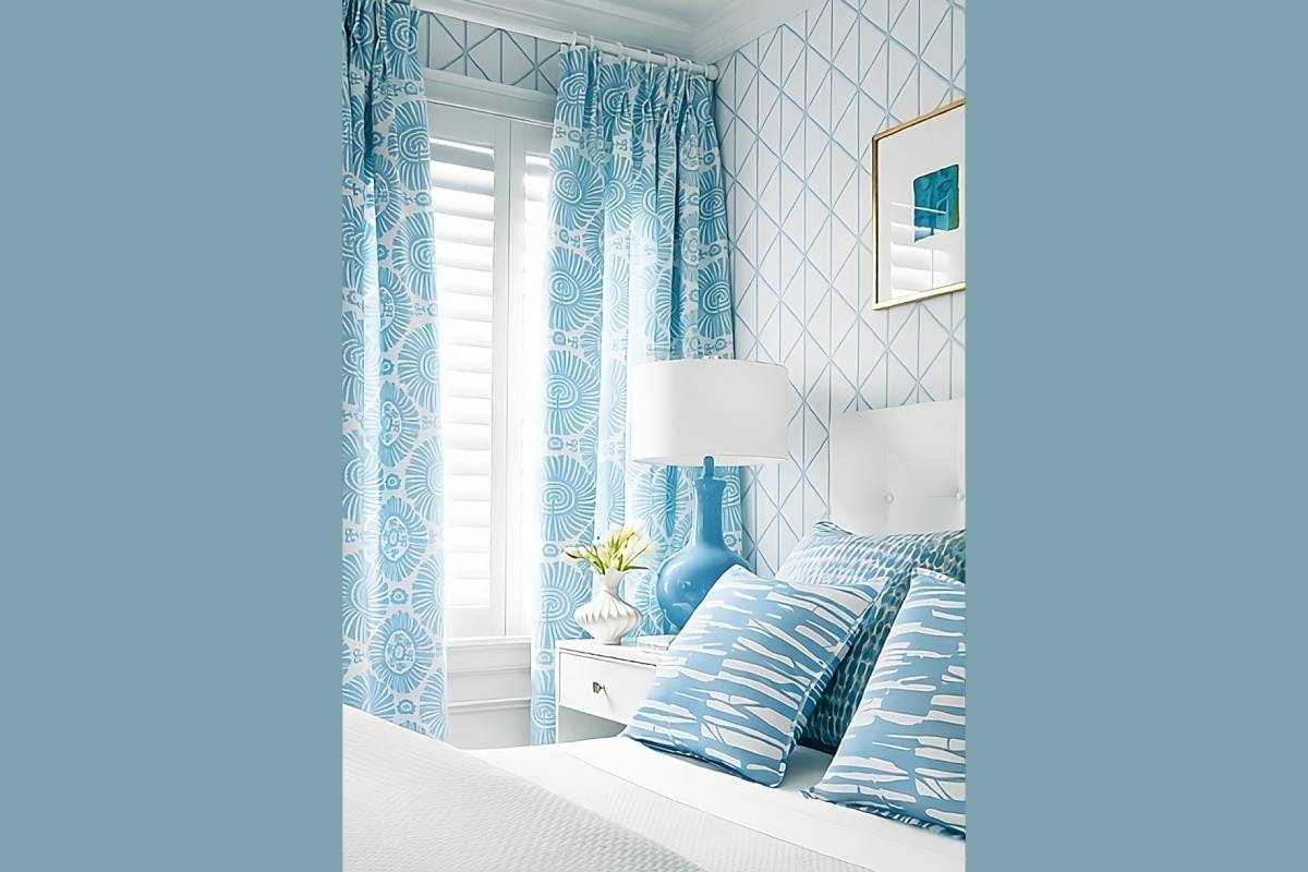 A bedroom with custom shell patterned curtains near Natick, Massachusetts (MA)