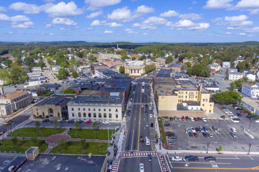 An aerial view of Framingham City Hall and downtown Framingham, Massachusetts (MA)