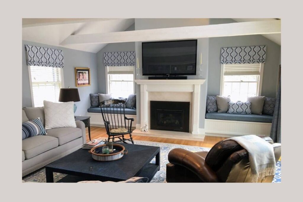 Mock Roman shade styled fabric valences with matching upholstery near Framingham, Massachusetts (MA)