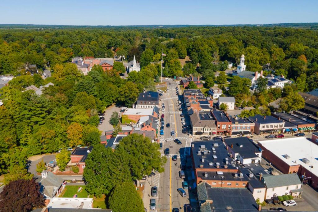 An aerial view of the historic town center near Concord, Massachusetts (MA)